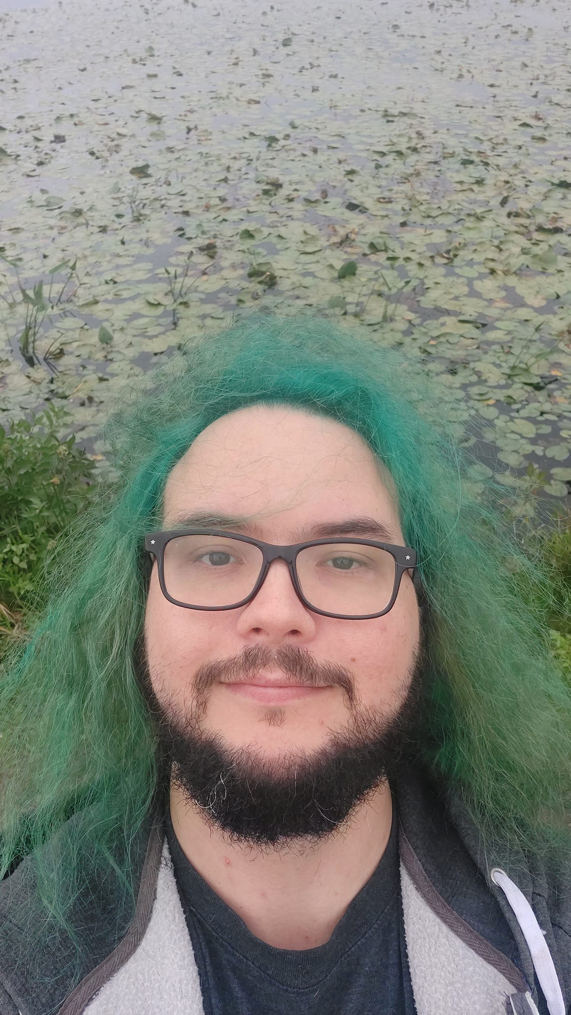 A man with green hair is visiting a freshwater marsh, photo 10